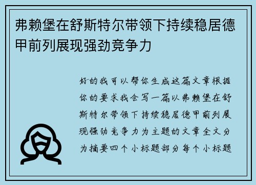 弗赖堡在舒斯特尔带领下持续稳居德甲前列展现强劲竞争力