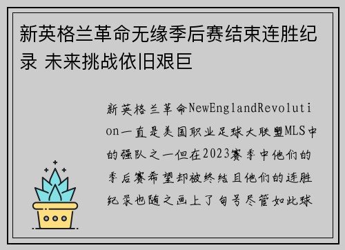 新英格兰革命无缘季后赛结束连胜纪录 未来挑战依旧艰巨 新英格兰革命无缘季后赛结束连胜纪录 未来挑战依旧艰巨