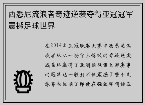 西悉尼流浪者奇迹逆袭夺得亚冠冠军震撼足球世界 西悉尼流浪者奇迹逆袭夺得亚冠冠军震撼足球世界